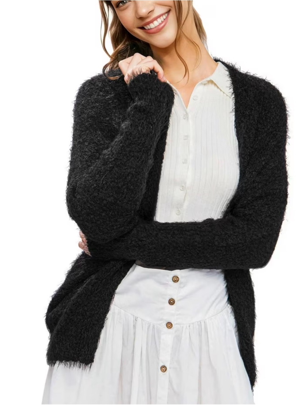 Love Tree Black Soft Fuzzy Cardigan Sweater Size M Open Front Office School